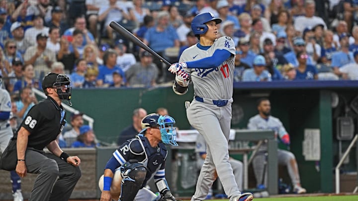 Jun 27, 2025; Kansas City, Missouri, USA; Los Angeles Dodgers designated hitter Shohei Ohtani (17) hits an RBI triple in the fifth inning against the Kansas City Royals at Kauffman Stadium. Mandatory Credit: Peter Aiken-Imagn Images Jun 27, 2025; Kansas City, Missouri, USA; Los Angeles Dodgers designated hitter Shohei Ohtani (17) hits an RBI triple in the fifth inning against the Kansas City Royals at Kauffman Stadium. Mandatory Credit: Peter Aiken-Imagn Images