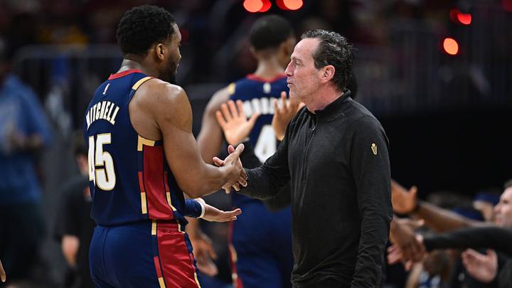 Apr 20, 2026; Cleveland, Ohio, USA; Cleveland Cavaliers head coach Kenny Atkinson talks with guard Donovan Mitchell (45) during the second half during game two of the first round of the 2026 NBA Playoffs against the Toronto Raptors at Rocket Arena. Mandatory Credit: David Dermer-Imagn Images Apr 20, 2026; Cleveland, Ohio, USA; Cleveland Cavaliers head coach Kenny Atkinson talks with guard Donovan Mitchell (45) during the second half during game two of the first round of the 2026 NBA Playoffs against the Toronto Raptors at Rocket Arena. Mandatory Credit: David Dermer-Imagn Images