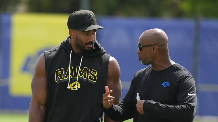 Aug 11, 2026; Woodland Hills, CA, USA; Los Angeles Rams defensive end Myles Garrett (left) talks with vice president of sports medicine and performance Reggie Scott during a joint practice against the Dallas Cowboys at the Rams Practice Facility. Mandatory Credit: Kirby Lee-Imagn Images Aug 11, 2026; Woodland Hills, CA, USA; Los Angeles Rams defensive end Myles Garrett (left) talks with vice president of sports medicine and performance Reggie Scott during a joint practice against the Dallas Cowboys at the Rams Practice Facility. Mandatory Credit: Kirby Lee-Imagn Images