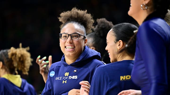 Notre Dame Fighting Irish guard Olivia Miles reacts after Notre Dame defeated the Kent State Golden Flashes in the first round of the NCAA Tournament