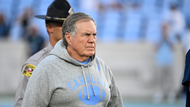 Sep 1, 2025; Chapel Hill, North Carolina, USA;  North Carolina Tar Heels head coach Bill Belichick on the field before the game at Kenan Stadium. Mandatory Credit: Bob Donnan-Imagn Images