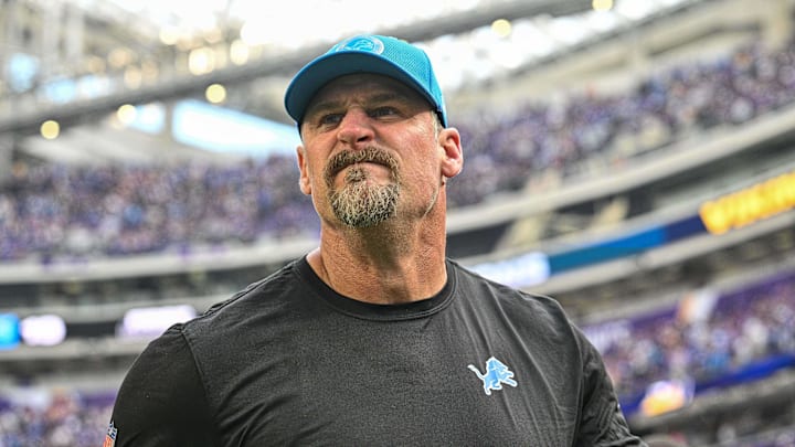 Oct 20, 2024; Minneapolis, Minnesota, USA; Detroit Lions head coach Dan Campbell leaves the field after the game against the Minnesota Vikings at U.S. Bank Stadium. Mandatory Credit: Jeffrey Becker-Imagn Images