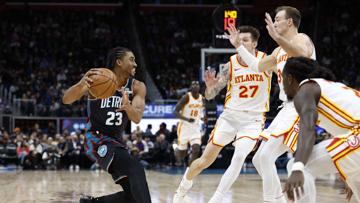 Dec 1, 2025; Detroit, Michigan, USA; Detroit Pistons guard Jaden Ivey (23) dribbles in the second half against the Atlanta Hawks at Little Caesars Arena. Mandatory Credit: Rick Osentoski-Imagn Images Dec 1, 2025; Detroit, Michigan, USA; Detroit Pistons guard Jaden Ivey (23) dribbles in the second half against the Atlanta Hawks at Little Caesars Arena. Mandatory Credit: Rick Osentoski-Imagn Images