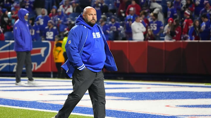 Oct 15, 2023; Orchard Park, New York, USA; New York Giants head coach Brian Daboll on the field prior to the game against the Buffalo Bills at Highmark Stadium.