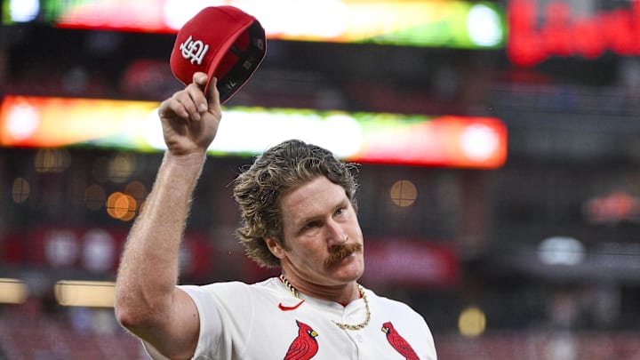 Jul 10, 2025; St. Louis, Missouri, USA; St. Louis Cardinals starting pitcher Miles Mikolas (39) tips his cap to the fans after he was removed from the game against the Washington Nationals during the sixth inning at Busch Stadium. Mandatory Credit: Jeff Curry-Imagn Images Jul 10, 2025; St. Louis, Missouri, USA; St. Louis Cardinals starting pitcher Miles Mikolas (39) tips his cap to the fans after he was removed from the game against the Washington Nationals during the sixth inning at Busch Stadium. Mandatory Credit: Jeff Curry-Imagn Images