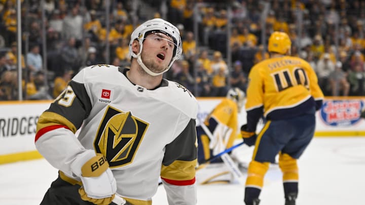 Mar 21, 2026; Nashville, Tennessee, USA; Vegas Golden Knights right wing Mitch Marner (93) reacts after missing a shot on goal during the third period at Bridgestone Arena. Mandatory Credit: Steve Roberts-Imagn Images Mar 21, 2026; Nashville, Tennessee, USA; Vegas Golden Knights right wing Mitch Marner (93) reacts after missing a shot on goal during the third period at Bridgestone Arena. Mandatory Credit: Steve Roberts-Imagn Images