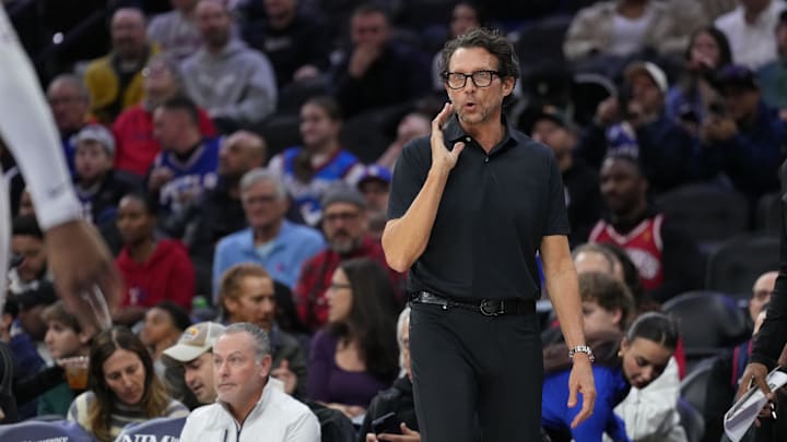 Nov 30, 2025; Philadelphia, Pennsylvania, USA; Atlanta Hawks head coach Quin Snyder reacts against the Philadelphia 76ers in the third quarter at Xfinity Mobile Arena. Mandatory Credit: Kyle Ross-Imagn Images