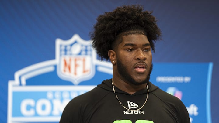 Mar 1, 2025; Indianapolis, IN, USA; University of Alabama offensive lineman Tyler Booker (OL03) answers questions at a press conference during the 2025 NFL Combine at Indiana Convention Center. Mar 1, 2025; Indianapolis, IN, USA; University of Alabama offensive lineman Tyler Booker (OL03) answers questions at a press conference during the 2025 NFL Combine at Indiana Convention Center.