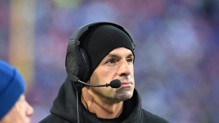 Nov 19, 2023; Orchard Park, New York, USA; New York Jets head coach Robert Saleh on the sidelines in the first quarter game against the Buffalo Bills at Highmark Stadium. Mandatory Credit: Mark Konezny-Imagn Images