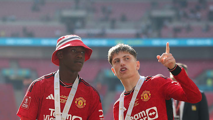 Manchester United duo Kobbie Mainoo and Alejandro Garnacho after winning the FA Cup