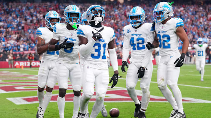 Sep 22, 2024; Glendale, Arizona, USA; Detroit Lions safety Kerby Joseph (31) celebrates an interception against the Arizona Cardinals during the second half at State Farm Stadium. Mandatory Credit: Joe Camporeale-Imagn Images Sep 22, 2024; Glendale, Arizona, USA; Detroit Lions safety Kerby Joseph (31) celebrates an interception against the Arizona Cardinals during the second half at State Farm Stadium. Mandatory Credit: Joe Camporeale-Imagn Images