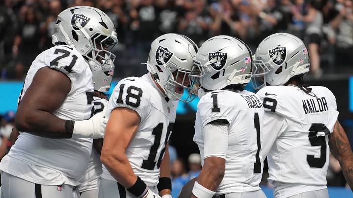 Sep 20, 2026; Inglewood, California, USA; Las Vegas Raiders wide receiver Jack Bech (18) and Las Vegas Raiders wide receiver Tre Tucker (1) celebrate after a play against the Los Angeles Chargers during the first half at SoFi Stadium. Mandatory Credit: Kirby Lee-Imagn Images Sep 20, 2026; Inglewood, California, USA; Las Vegas Raiders wide receiver Jack Bech (18) and Las Vegas Raiders wide receiver Tre Tucker (1) celebrate after a play against the Los Angeles Chargers during the first half at SoFi Stadium. Mandatory Credit: Kirby Lee-Imagn Images