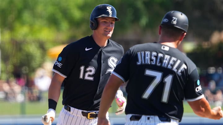 Mar 11, 2026; Phoenix, Arizona, USA; Chicago White Sox shortstop Colson Montgomery (12) slaps hands with Chicago White Sox third base coach Justin Jirschele (71) after hitting a home run against the Los Angeles Angels during the third inning at Camelback Ranch-Glendale. Mandatory Credit: Joe Camporeale-Imagn Images Mar 11, 2026; Phoenix, Arizona, USA; Chicago White Sox shortstop Colson Montgomery (12) slaps hands with Chicago White Sox third base coach Justin Jirschele (71) after hitting a home run against the Los Angeles Angels during the third inning at Camelback Ranch-Glendale. Mandatory Credit: Joe Camporeale-Imagn Images