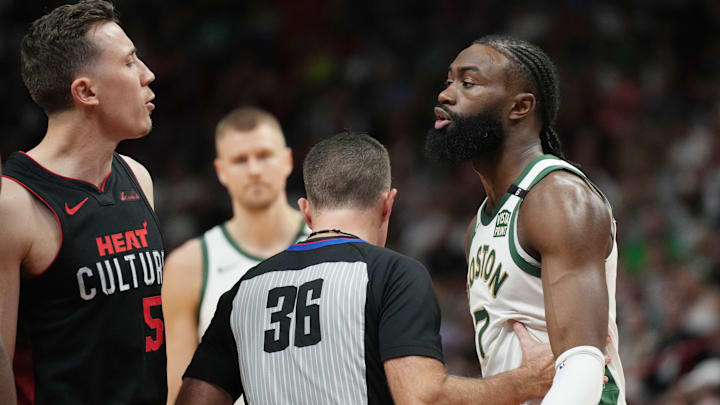 Feb 11, 2024; Miami, Florida, USA;  Boston Celtics guard Jaylen Brown (7) and Miami Heat forward
