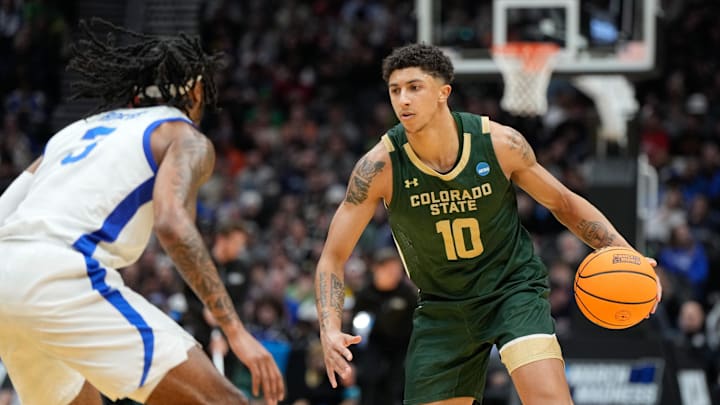 Mar 21, 2025; Seattle, WA, USA; Colorado State Rams guard Nique Clifford (10) looks to drive the ball during the second half against Memphis Tigers at Climate Pledge Arena. Mar 21, 2025; Seattle, WA, USA; Colorado State Rams guard Nique Clifford (10) looks to drive the ball during the second half against Memphis Tigers at Climate Pledge Arena.