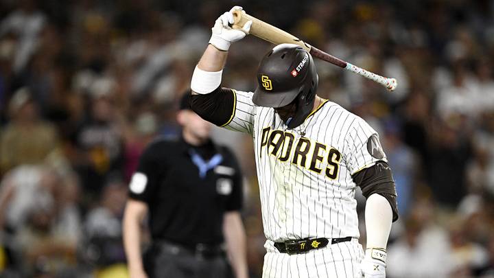 Oct 7, 2026; San Diego, California, USA;  San Diego Padres first baseman Ty France (25) reacts after flying out during the eighth inning against the Milwaukee Brewers in game four of the NLDS for the 2026 MLB Playoffs at Petco Park.  Mandatory Credit: Denis Poroy-Imagn Images