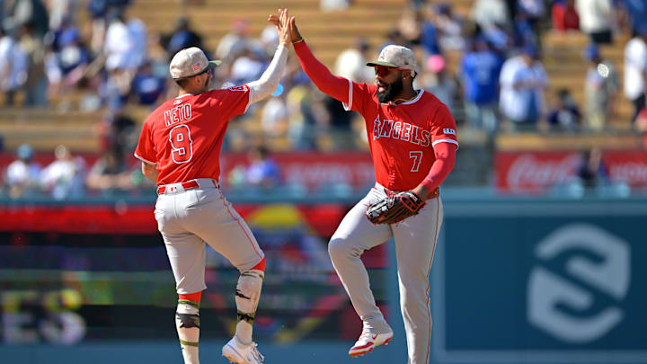 May 18, 2025; Los Angeles, California, USA; Los Angeles Angels shortstop Zach Neto (9) and right fielder Jo Adell (7) celebrate after the final out of the ninth inning against the Los Angeles Dodgers at Dodger Stadium. Mandatory Credit: Jayne Kamin-Oncea-Imagn Images May 18, 2025; Los Angeles, California, USA; Los Angeles Angels shortstop Zach Neto (9) and right fielder Jo Adell (7) celebrate after the final out of the ninth inning against the Los Angeles Dodgers at Dodger Stadium. Mandatory Credit: Jayne Kamin-Oncea-Imagn Images