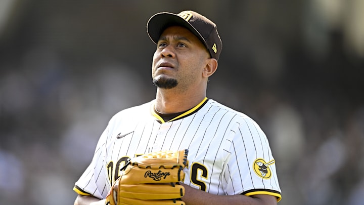 Apr 16, 2025; San Diego, California, USA; San Diego Padres relief pitcher Wandy Peralta (58) comes off the field during the eighth inning against the Chicago Cubs at Petco Park. Mandatory Credit: Denis Poroy-Imagn Images Apr 16, 2025; San Diego, California, USA; San Diego Padres relief pitcher Wandy Peralta (58) comes off the field during the eighth inning against the Chicago Cubs at Petco Park. Mandatory Credit: Denis Poroy-Imagn Images