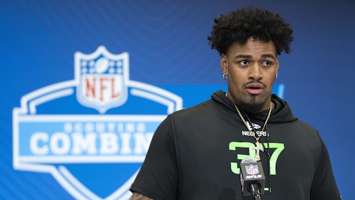 Mar 1, 2025; Indianapolis, IN, USA; Ohio State University offensive lineman Josh Simmons (OL37) answers questions at a press conference during the 2025 NFL Combine at Indiana Convention Center. Mandatory Credit: Jacob Musselman-Imagn Images