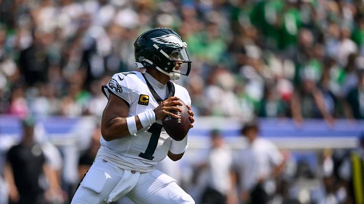Sep 20, 2026; Nashville, Tennessee, USA; Philadelphia Eagles quarterback Jalen Hurts (1) stands in the pocket against the Tennessee Titans during the first half at Nissan Stadium. Sep 20, 2026; Nashville, Tennessee, USA; Philadelphia Eagles quarterback Jalen Hurts (1) stands in the pocket against the Tennessee Titans during the first half at Nissan Stadium.