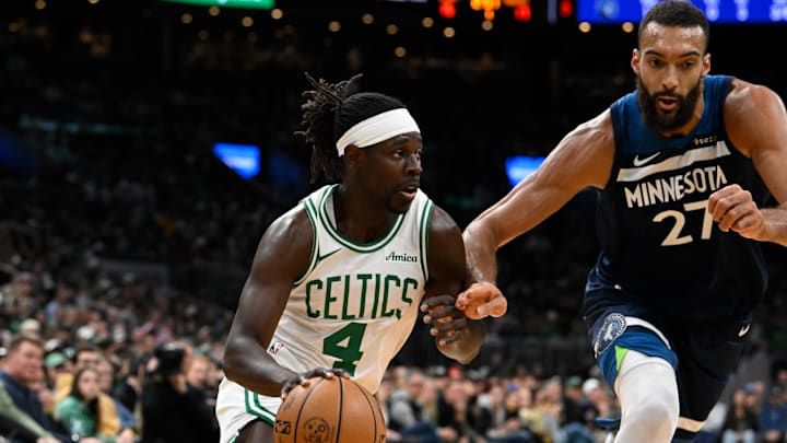 Nov 24, 2024; Boston, Massachusetts, USA; Boston Celtics guard Jrue Holiday (4) drives against Minnesota Timberwolves center Rudy Gobert (27) during the first half at TD Garden. Mandatory Credit: Eric Canha-Imagn Images Nov 24, 2024; Boston, Massachusetts, USA; Boston Celtics guard Jrue Holiday (4) drives against Minnesota Timberwolves center Rudy Gobert (27) during the first half at TD Garden. Mandatory Credit: Eric Canha-Imagn Images