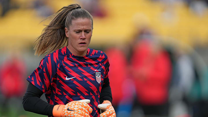 United States goalkeeper Alyssa Naeher (1) practices before a group stage match against the Netherlands during the 2023 FIFA Women's World Cup at Wellington Regional Stadium. 