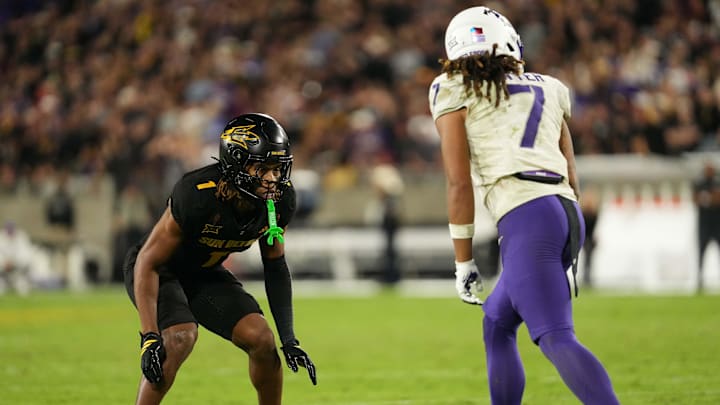 Sep 26, 2025; Tempe, Arizona, USA; Arizona State Sun Devils defensive back Keith Abney II (1) covers TCU Horned Frogs wide receiver Jordan Dwyer (7) in the second half at Mountain America Stadium, Home of the ASU Sun Devils. Mandatory Credit: Jacob Reiner-Imagn Images
