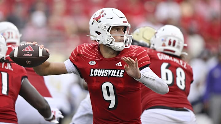 Sep 21, 2024; Louisville, Kentucky, USA;  Louisville Cardinals quarterback Tyler Shough (9) looks to pass against the Georgia Tech Yellow Jackets during the second half at L&N Federal Credit Union Stadium. Louisville defeated Georgia Tech 31-19. Mandatory Credit: Jamie Rhodes-Imagn Images