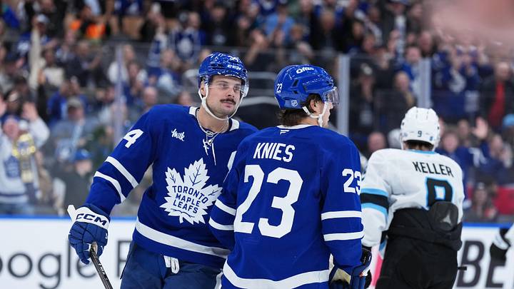 Nov 5, 2025; Toronto, Ontario, CAN; Toronto Maple Leafs left wing Matthew Knies (23) scores an empty net goal and celebrates with center Auston Matthews (34) against the Utah Mammoth during the third period at Scotiabank Arena. Mandatory Credit: Nick Turchiaro-Imagn Images Nov 5, 2025; Toronto, Ontario, CAN; Toronto Maple Leafs left wing Matthew Knies (23) scores an empty net goal and celebrates with center Auston Matthews (34) against the Utah Mammoth during the third period at Scotiabank Arena. Mandatory Credit: Nick Turchiaro-Imagn Images