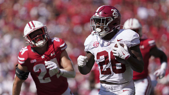 Sep 14, 2024; Madison, Wisconsin, USA;  Alabama Crimson Tide running back Jam Miller (26) rushes for a touchdown during the third quarter against the Wisconsin Badgers at Camp Randall Stadium.