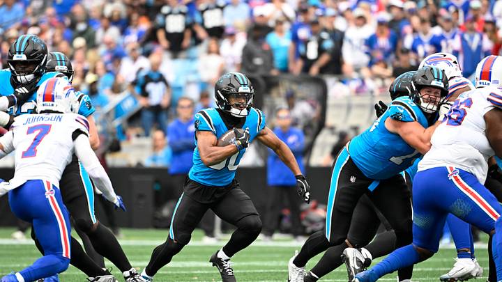 Carolina Panthers running back Chuba Hubbard (30) runs in the second quarter against the Buffalo Bills Carolina Panthers running back Chuba Hubbard (30) runs in the second quarter against the Buffalo Bills