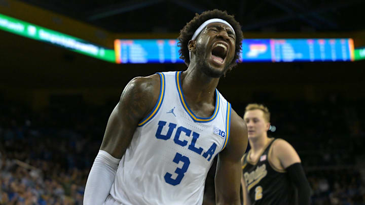 Jan 20, 2026; Los Angeles, California, USA;  UCLA Bruins guard Eric Dailey Jr. (3) reacts after a dunk in the first half against the Purdue Boilermakers at Pauley Pavilion presented by Wescom Financial. Mandatory Credit: Jayne Kamin-Oncea-Imagn Images