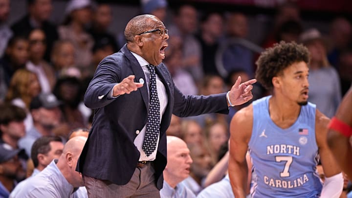 Jan 3, 2026; Dallas, Texas, USA; North Carolina Tar Heels head coach Hubert Davis yells to his team during the game between the Mustangs and the Tar Heels at Moody Coliseum. Mandatory Credit: Jerome Miron-Imagn Images