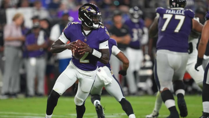 Aug 12, 2023; Baltimore, Maryland, USA; Baltimore Ravens quarterback Tyler Huntley (2) rolls out to pass in the third quarter against the Philadelphia Eagles at M&T Bank Stadium. Mandatory Credit: Mitch Stringer-USA TODAY Sports