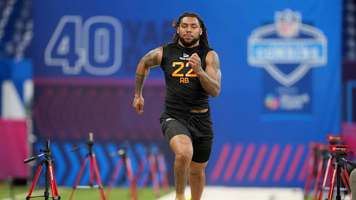 Mar 1, 2025; Indianapolis, IN, USA; Miami running back Damien Martinez (RB22) during the 2025 NFL Combine at Lucas Oil Stadium. Mandatory Credit: Kirby Lee-Imagn Images