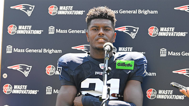 Jul 28, 2025; Foxborough, MA, USA; New England Patriots safety Jaylinn Hawkins (21) speaks to the media after training camp at Gillette Stadium. Mandatory Credit: Eric Canha-Imagn Images Jul 28, 2025; Foxborough, MA, USA; New England Patriots safety Jaylinn Hawkins (21) speaks to the media after training camp at Gillette Stadium. Mandatory Credit: Eric Canha-Imagn Images