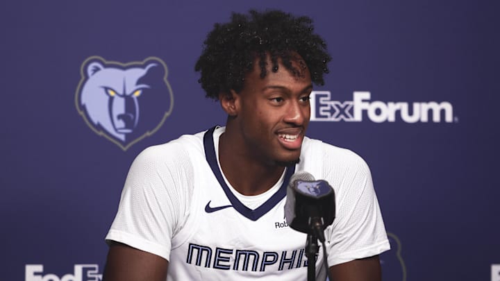 Sep 29, 2025; Memphis, TN, USA; Memphis Grizzlies forward Olivier-Maxence Prosper speaks to media during a press conference on media day at FedEx Forum.  Mandatory Credit: Petre Thomas-Imagn Images Mandatory Credit: Petre Thomas-Imagn Images