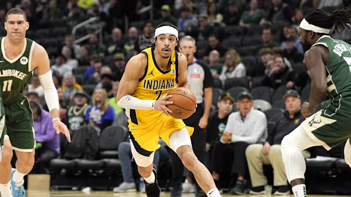 Apr 30, 2024; Milwaukee, Wisconsin, USA;  Indiana Pacers guard Andrew Nembhard (2) drives for the