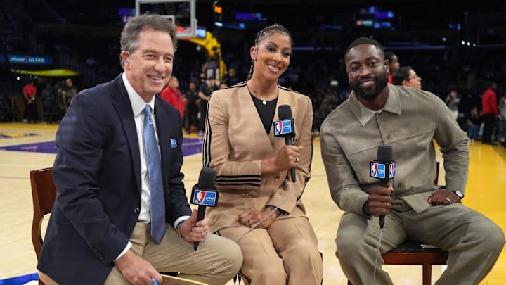 Oct 24, 2025; Los Angeles, California, USA; NBA on Prime play-by-play announcer Kevin Harlan (left) and analysts Candace Parker (center) and Dwayne Wade during the game between the Minnesota Timberwolves and the Los Angeles Lakers at Crypto.com Arena. Mandatory Credit: Kirby Lee-Imagn Images Oct 24, 2025; Los Angeles, California, USA; NBA on Prime play-by-play announcer Kevin Harlan (left) and analysts Candace Parker (center) and Dwayne Wade during the game between the Minnesota Timberwolves and the Los Angeles Lakers at Crypto.com Arena. Mandatory Credit: Kirby Lee-Imagn Images
