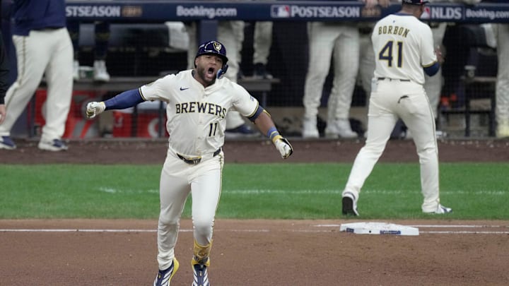 Milwaukee Brewers center fielder Jackson Chourio (11) hits a three-run home run off Chicago Cubs pitcher Daniel Palencia during the fourth inning of their National League Division Series game Monday, October 6, 2025 at American Family Field in Milwaukee, Wisconsin. Milwaukee Brewers center fielder Jackson Chourio (11) hits a three-run home run off Chicago Cubs pitcher Daniel Palencia during the fourth inning of their National League Division Series game Monday, October 6, 2025 at American Family Field in Milwaukee, Wisconsin.