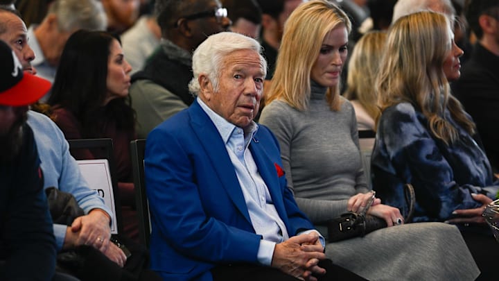 Jan 13, 2025; Foxborough, MA, USA; New England Patriots owner Robert Kraft listens as Mike Vrabel (not in photo) addresses media at a press conference to announce his hiring as the New England Patriots head coach at Gillette Stadium. Mandatory Credit: Eric Canha-Imagn Images