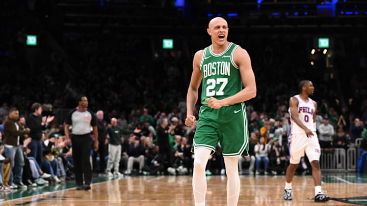 Apr 21, 2026; Boston, Massachusetts, USA; Boston Celtics guard Jordan Walsh (27) reacts after scoring a basket against the Philadelphia 76ers in the second half of a game two of the first round of the 2026 NBA Playoffs at TD Garden. Mandatory Credit: Brian Fluharty-Imagn Images