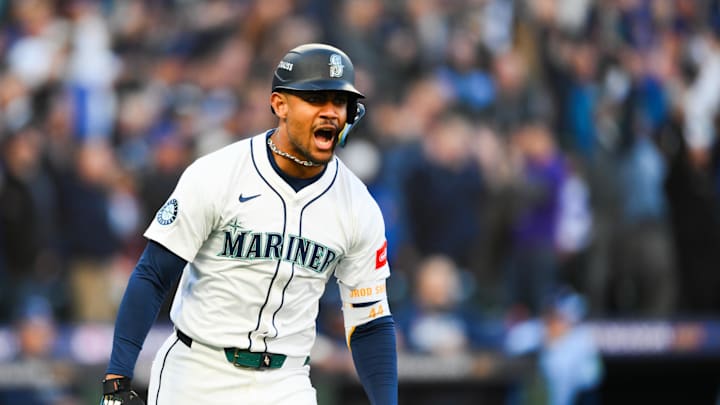 Oct 15, 2025; Seattle, Washington, USA; Seattle Mariners center fielder Julio Rodríguez (44) celebrates after hitting a two run home run during the first inning against the Toronto Blue Jays during game three of the ALCS round for the 2025 MLB playoffs at T-Mobile Park. Mandatory Credit: Steven Bisig-Imagn Images