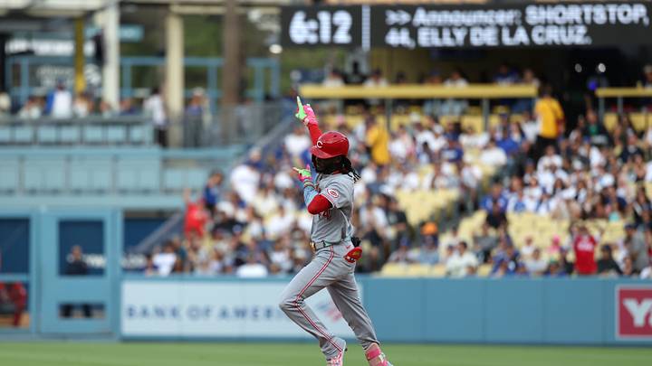 Sep 7, 2026; Los Angeles, California, USA; Cincinnati Reds infielder Elly De La Cruz (44) reacts and runs the bases after hitting a solo home run against Los Angeles Dodgers starting pitcher Emmet Sheehan (not pictured) during the first inning at Dodger Stadium. Mandatory Credit: Kiyoshi Mio-Imagn Images Sep 7, 2026; Los Angeles, California, USA; Cincinnati Reds infielder Elly De La Cruz (44) reacts and runs the bases after hitting a solo home run against Los Angeles Dodgers starting pitcher Emmet Sheehan (not pictured) during the first inning at Dodger Stadium. Mandatory Credit: Kiyoshi Mio-Imagn Images