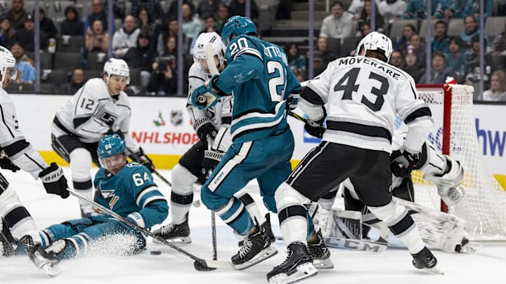 Dec 19, 2023; San Jose, California, USA; San Jose Sharks left wing Fabian Zetterlund (20) and Los