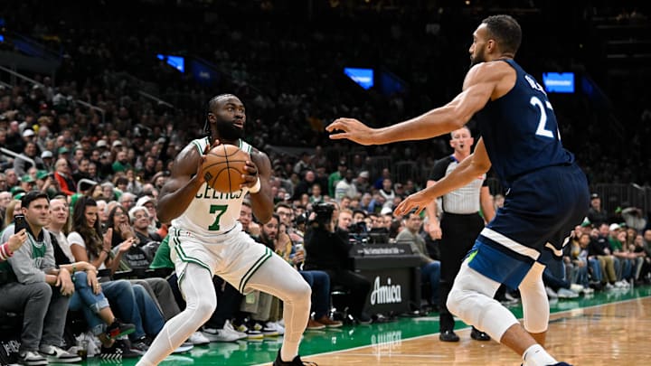 Nov 24, 2024; Boston, Massachusetts, USA; Boston Celtics guard Jaylen Brown (7) looks to shoot against Minnesota Timberwolves center Rudy Gobert (27) during the first half at TD Garden. Mandatory Credit: Eric Canha-Imagn Images Nov 24, 2024; Boston, Massachusetts, USA; Boston Celtics guard Jaylen Brown (7) looks to shoot against Minnesota Timberwolves center Rudy Gobert (27) during the first half at TD Garden. Mandatory Credit: Eric Canha-Imagn Images