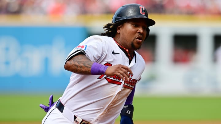 Jun 1, 2024; Cleveland, Ohio, USA; Cleveland Guardians third baseman Jose Ramirez (11) rounds third base en route to scoring on a wild pitch during the third inning against the Washington Nationals at Progressive Field.