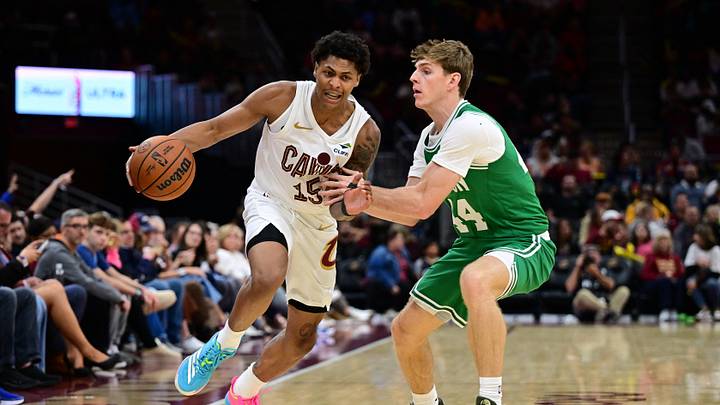 Oct 8, 2026; Cleveland, Ohio, USA; Cleveland Cavaliers guard Meleek Thomas (15) drives on Boston Celtics guard Hayden Gray (44) during the second half of a preseason game at Rocket Arena. Mandatory Credit: David Dermer-Imagn Images Oct 8, 2026; Cleveland, Ohio, USA; Cleveland Cavaliers guard Meleek Thomas (15) drives on Boston Celtics guard Hayden Gray (44) during the second half of a preseason game at Rocket Arena. Mandatory Credit: David Dermer-Imagn Images