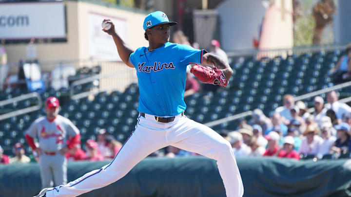 Jupiter, Florida, USA;  Miami Marlins pitcher Edward Cabrera (27) pitches in the second inning against the St. Louis Cardinals at Roger Dean Chevrolet Stadium.