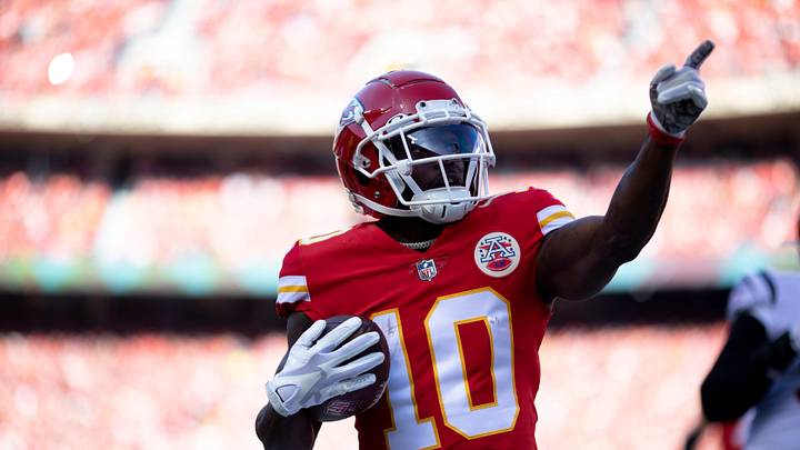 Kansas City Chiefs wide receiver Tyreek Hill (10) celebrates after a first down catch in the first quarter during the AFC championship NFL football game, Sunday, Jan. 30, 2022, at GEHA Field at Arrowhead Stadium in Kansas City, Mo.

Cincinnati Bengals At Kansas City Chiefs Jan 30 Afc Championship 54